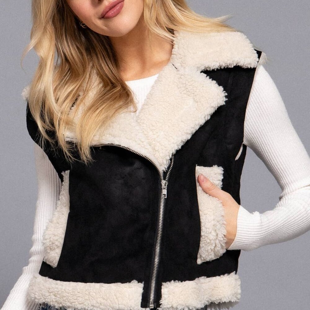 Faux Suede Sherpa Zip Up Vest